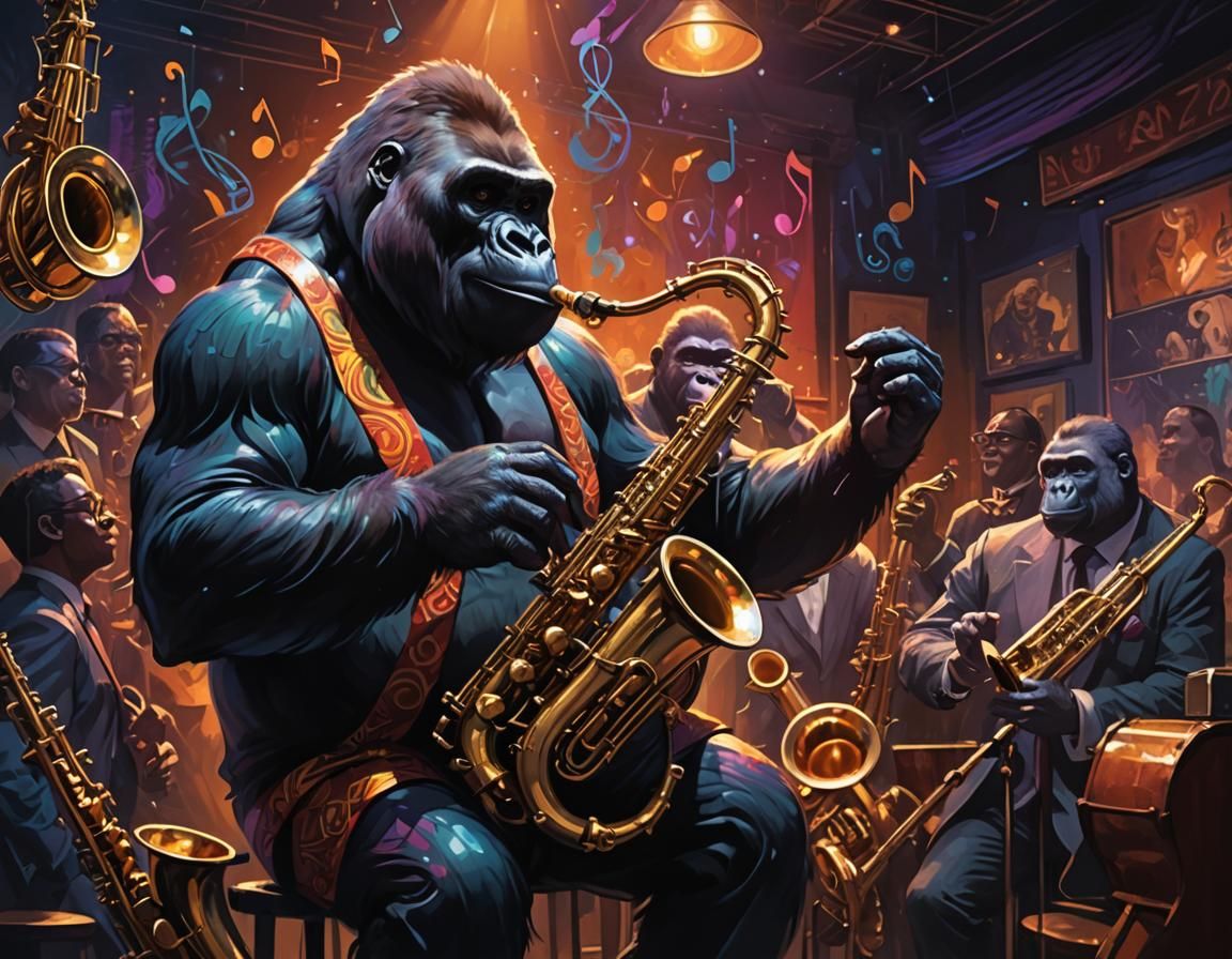 A gorilla playing a saxophone and an anteater playing a trum...