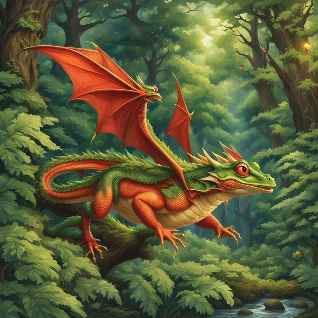 Dragon-Frog Soaring Through Forest