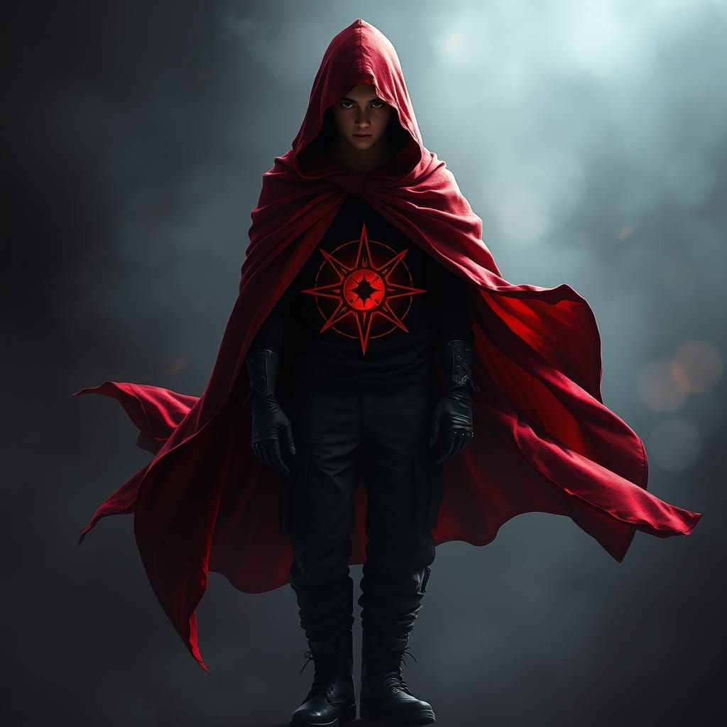 Ethereal Dark Fantasy Warrior in Red Mantle