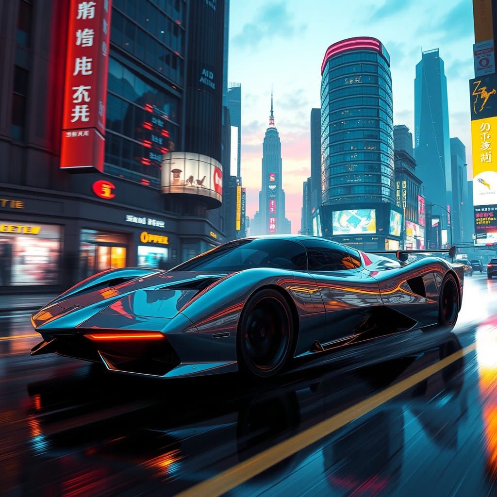 Cyberpunk Futuristic Bullet-Shaped Car Speeding Through Neon...