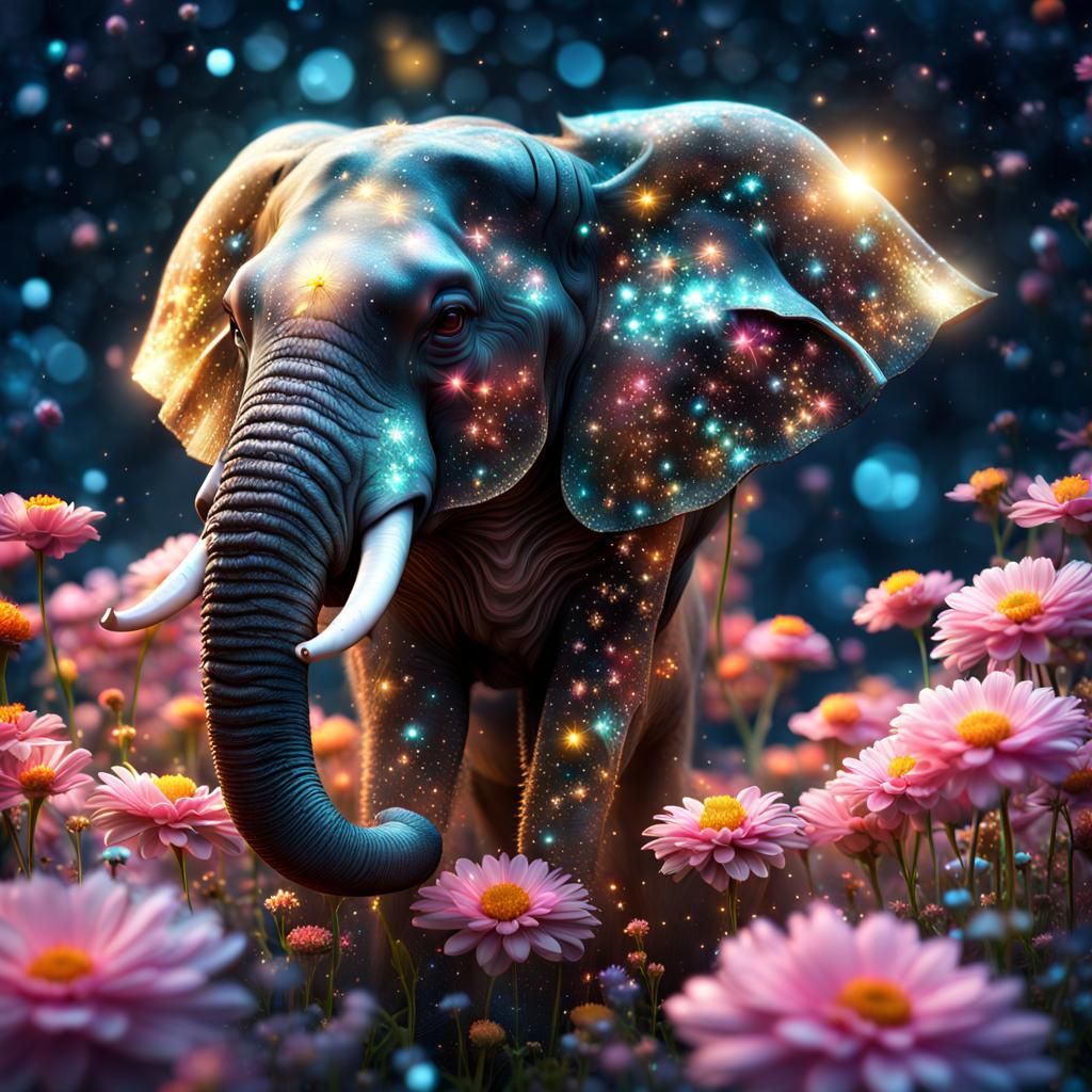 Cosmic Elephant Surrounded by Ethereal Flowers