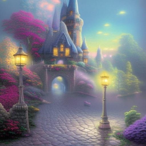 Ethereal Candy Castle Fantasy in Thomas Kinkade Style