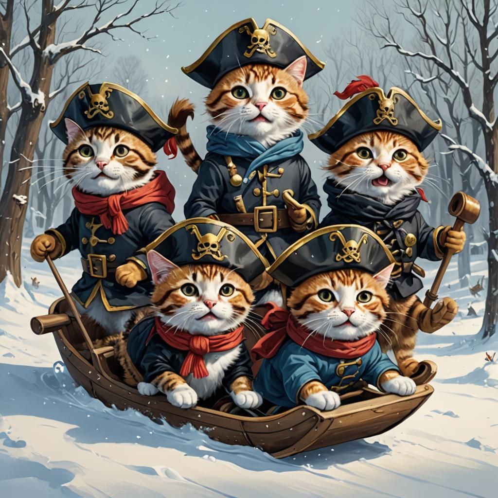 Pirate Cats Sledding in Winter Wonderland