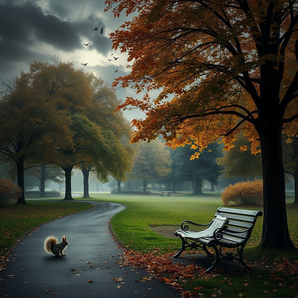 Autumnal Park Scene with Squirrel and Storm