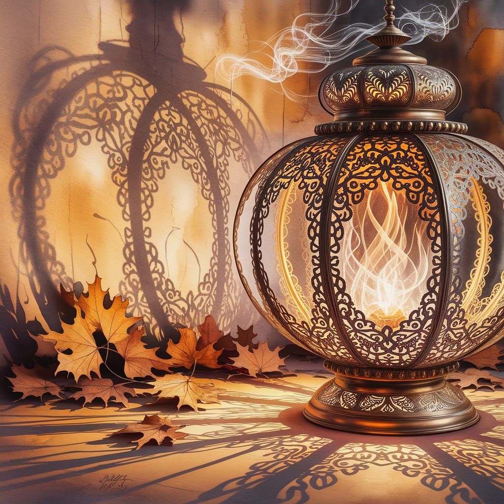 Glowing Filigree Lantern in Watercolor Style