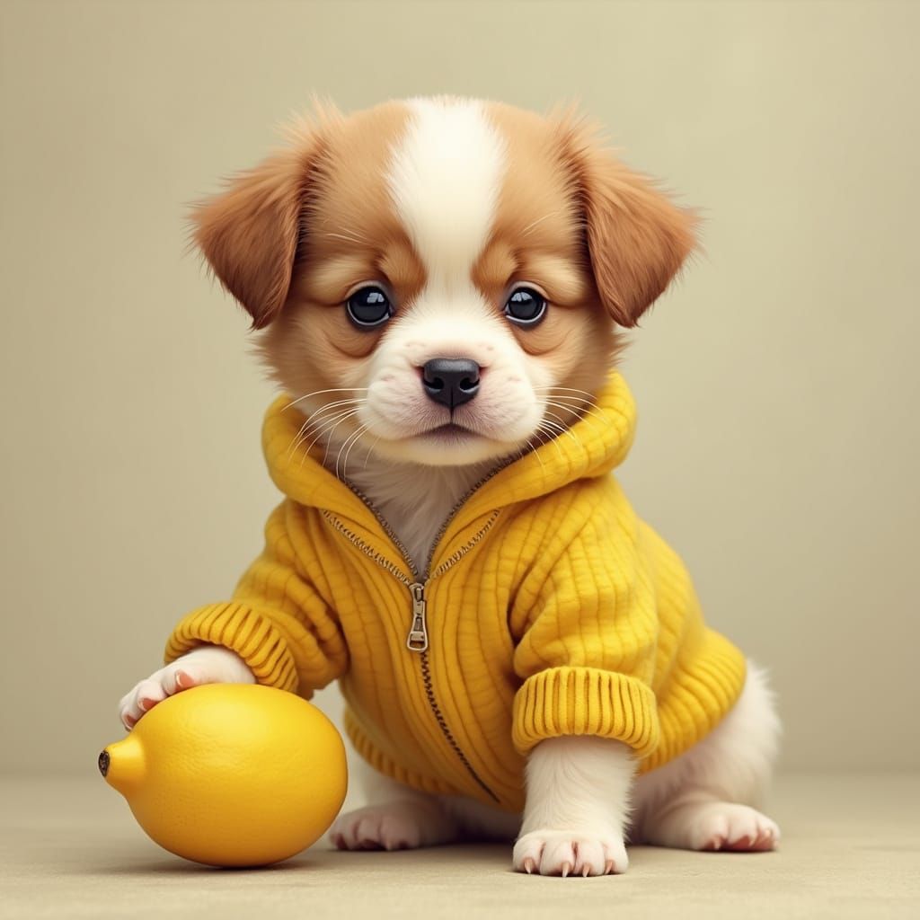 Puppy with Lemon in Whimsical Children's Illustration Style