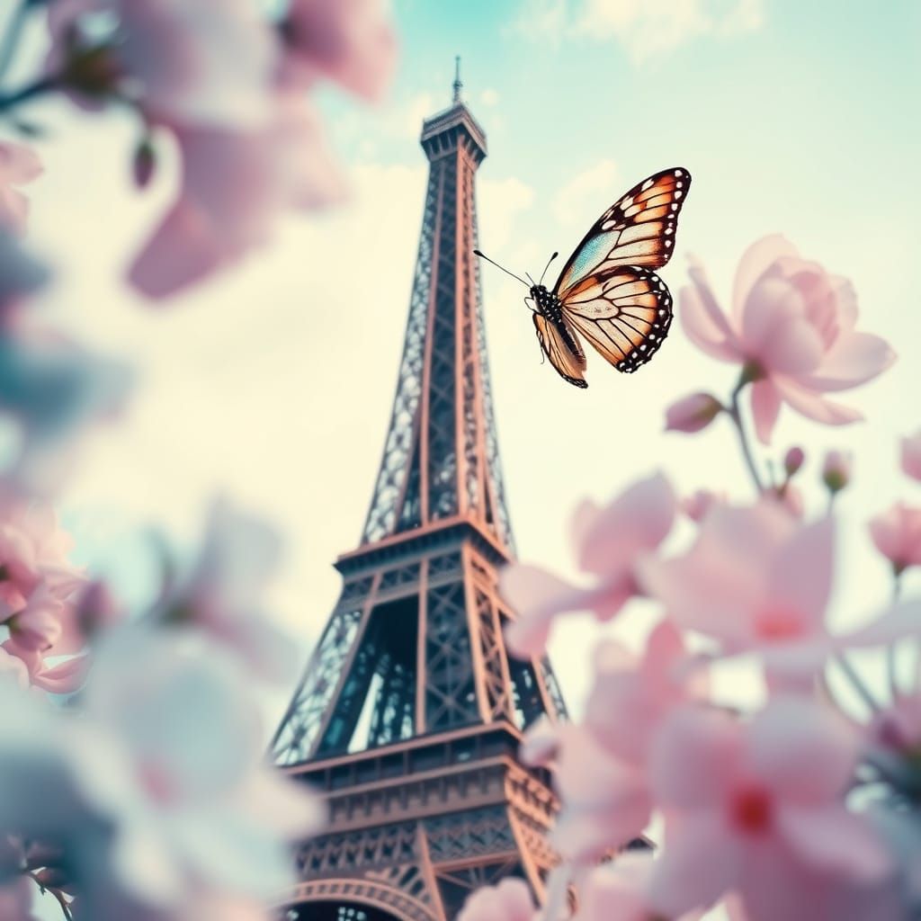 Eiffel Tower Surrounded by Flowers in Impressionistic Style