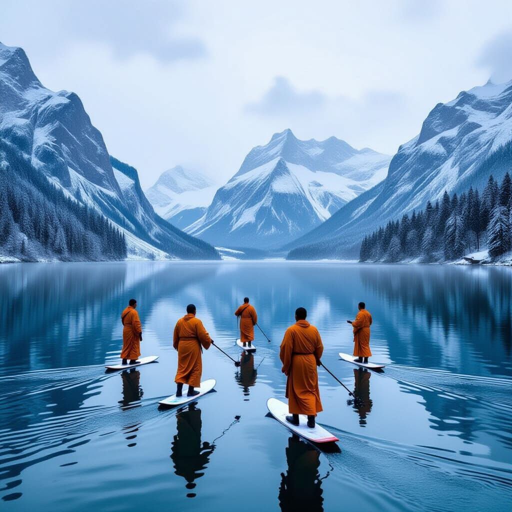 Monks Skate on Snowy Lake Amidst Majestic Mountains