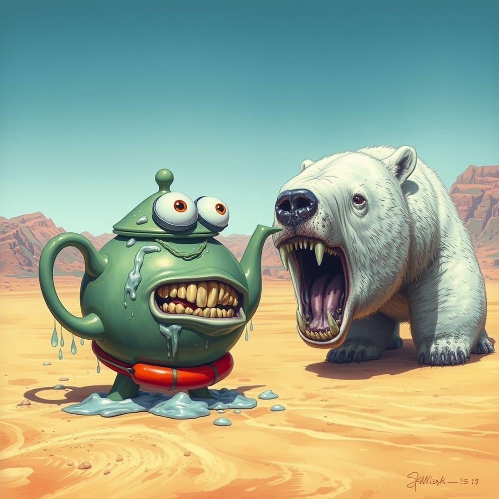 Terrified Teapot in Desert Confronts Polar Bear
