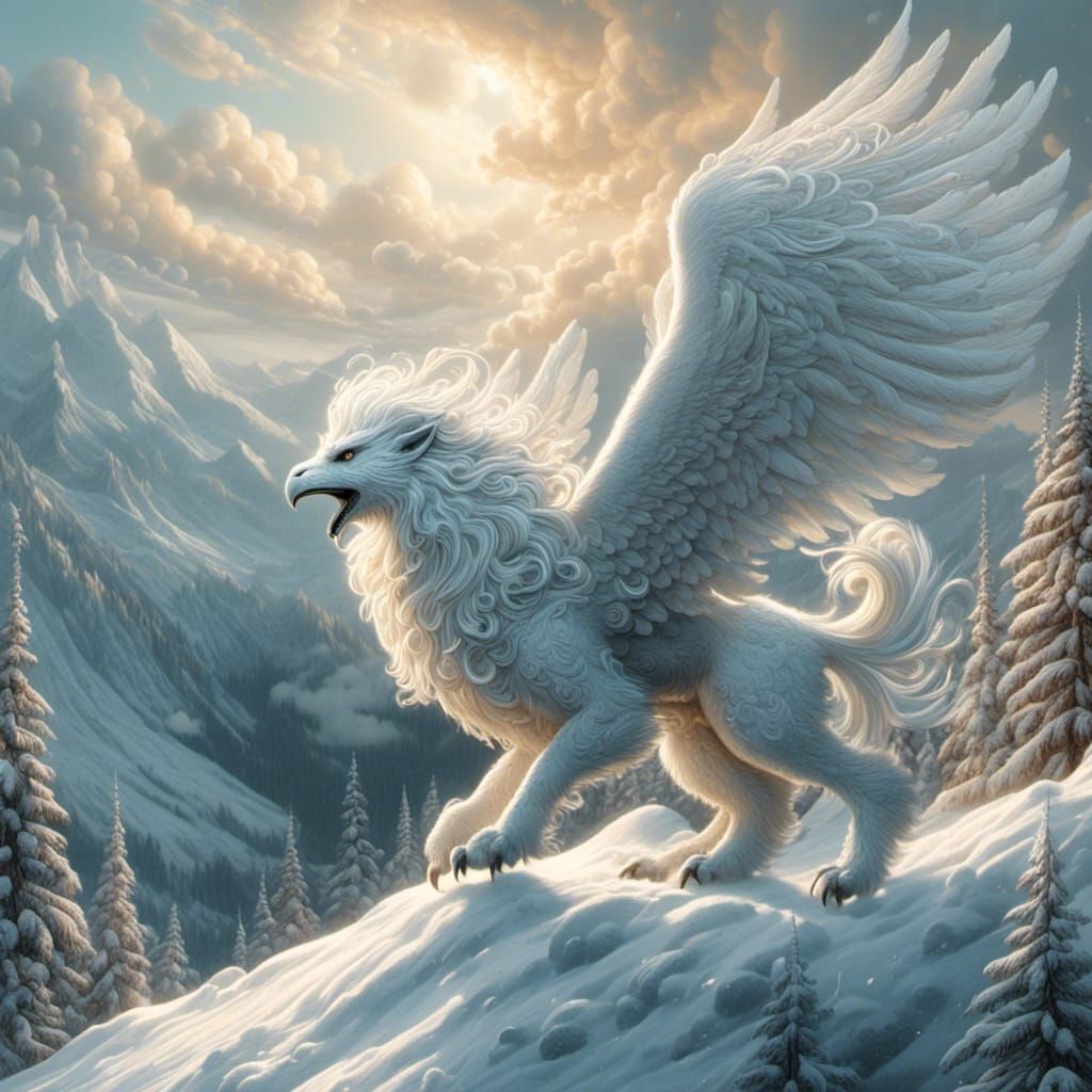 Griffin Soars from Snowy Peak: Hyperdetailed Composition