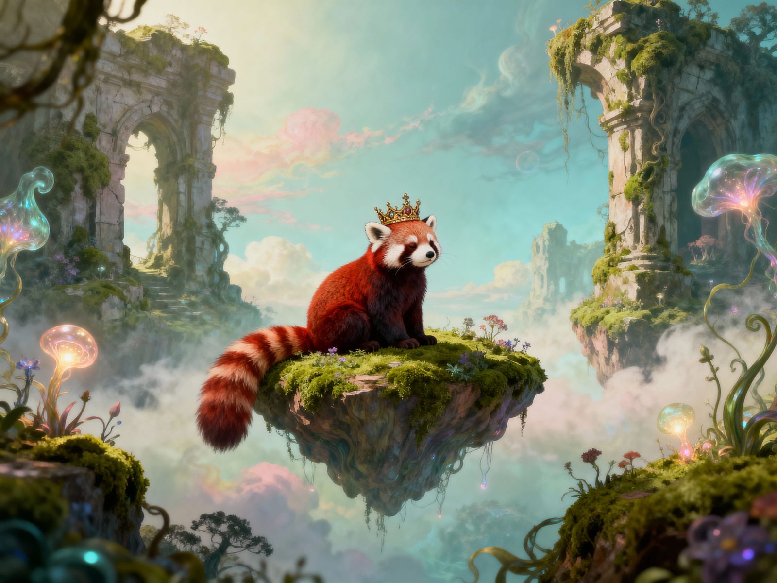 Red Panda King on Floating Island in Surreal Dreamscape