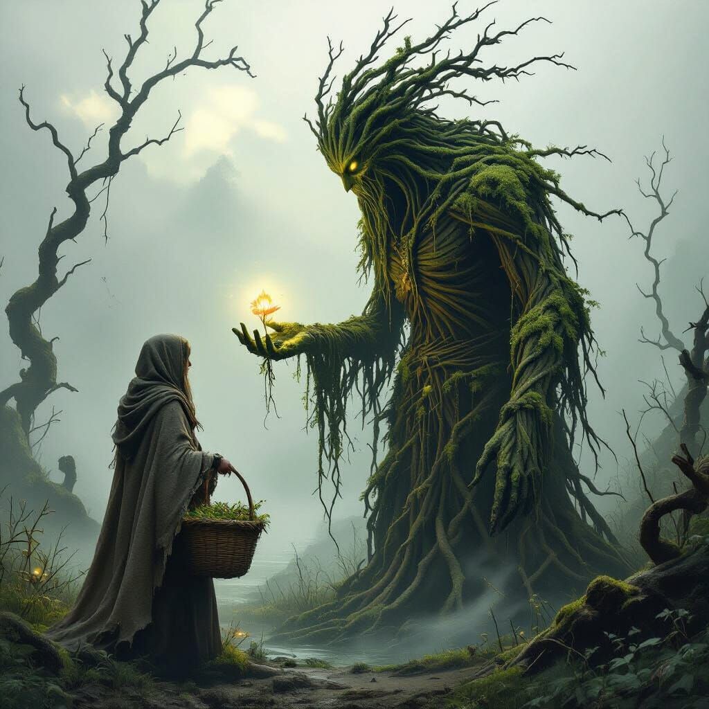 Swamp Spirit Offers Flower in Dark Fantasy Scene
