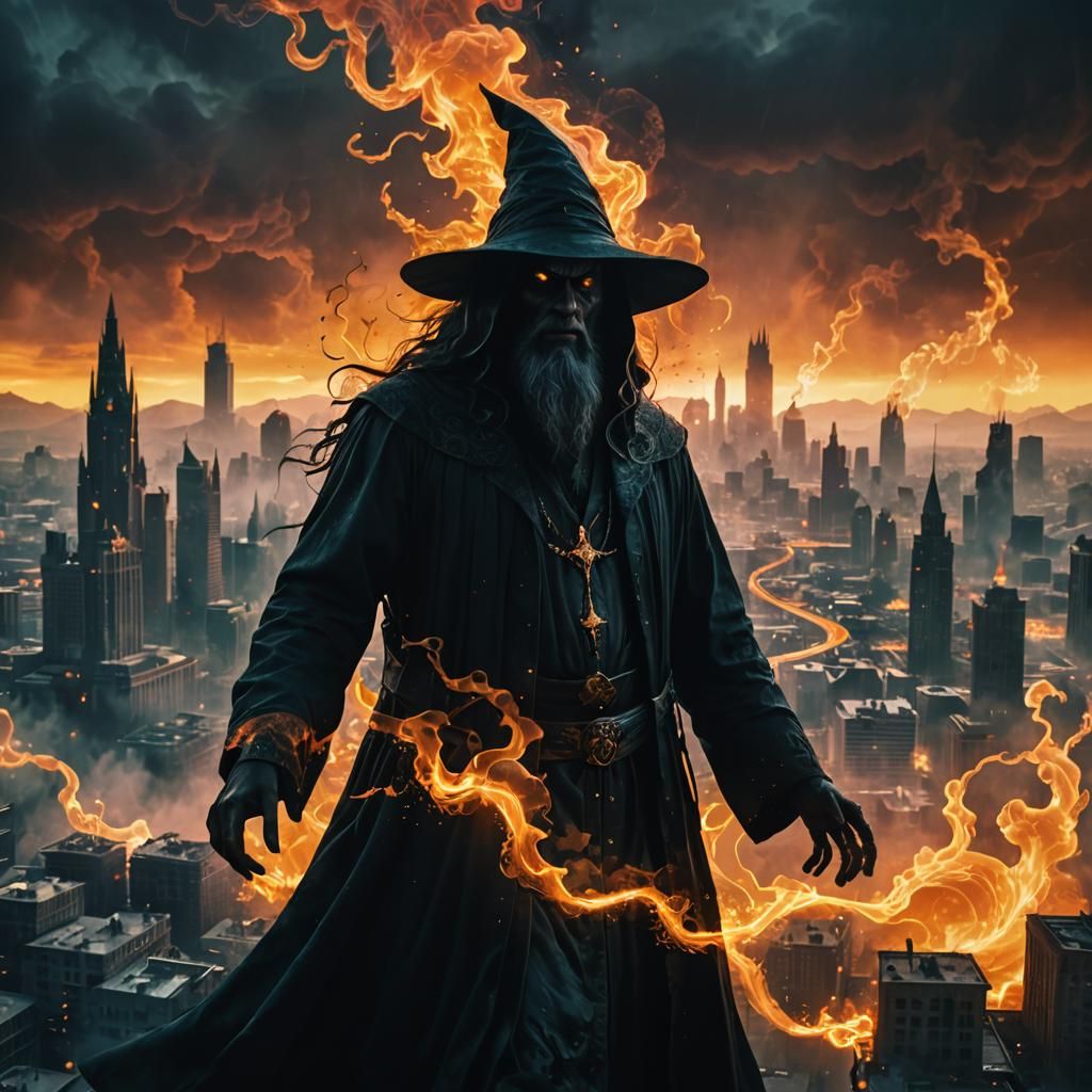 Sinister Wizard Silhouette with Burning City: Dark Fantasy