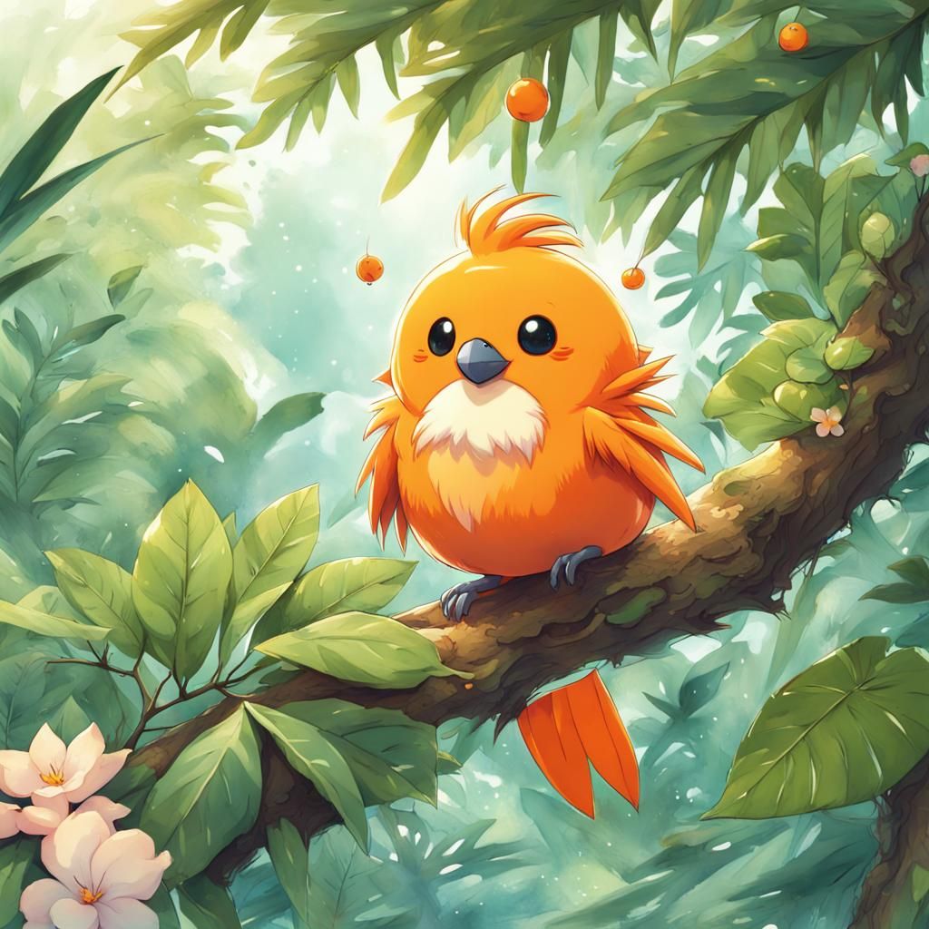 Cute Anime Bird on Branch in Tropical Setting