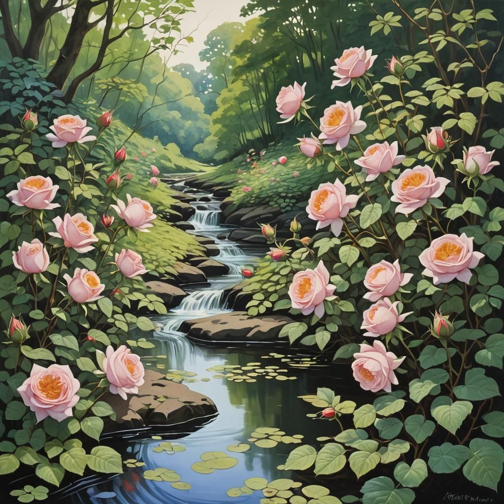 Idyllic Cottage by Meandering Stream, Gouache Painting