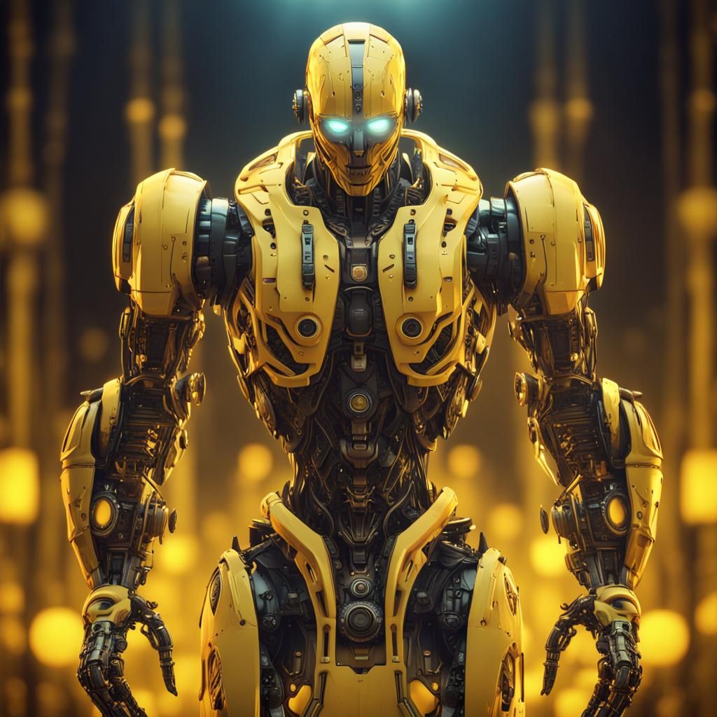 Glowing Yellow Half-Human Robot in Detailed Matte Painting