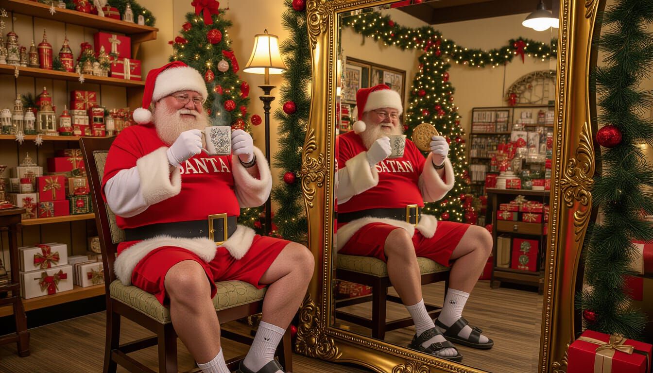 Santa's Secret Revealed in Cozy Shop Mirror