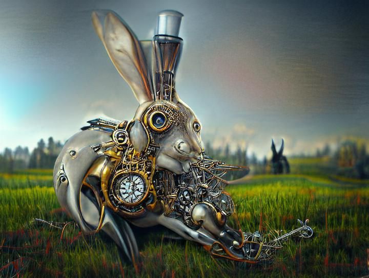 Steampunk Clockwork Hare in Open Field