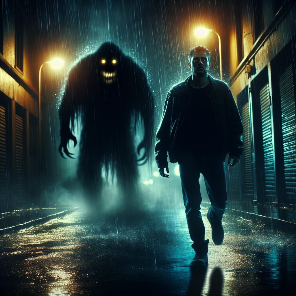 Paranoid Man stalked by Shadows in the Night