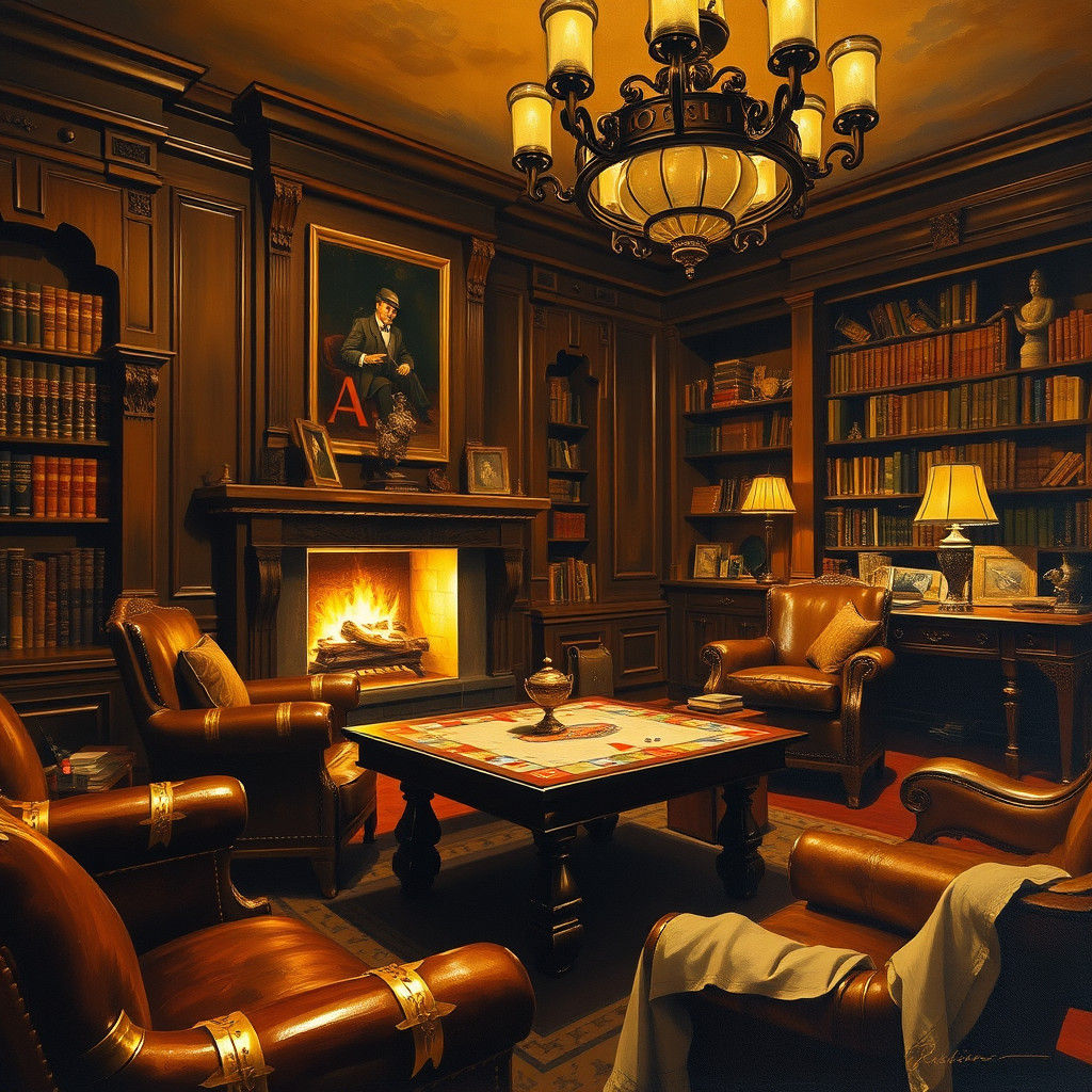 Nostalgic Monopoly Game in Ornate Study as Oil Painting