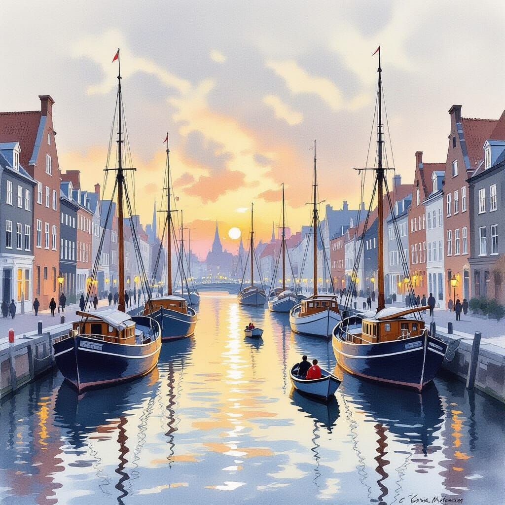 Tranquil Watercolor Harbor Scene with Sailing Ships