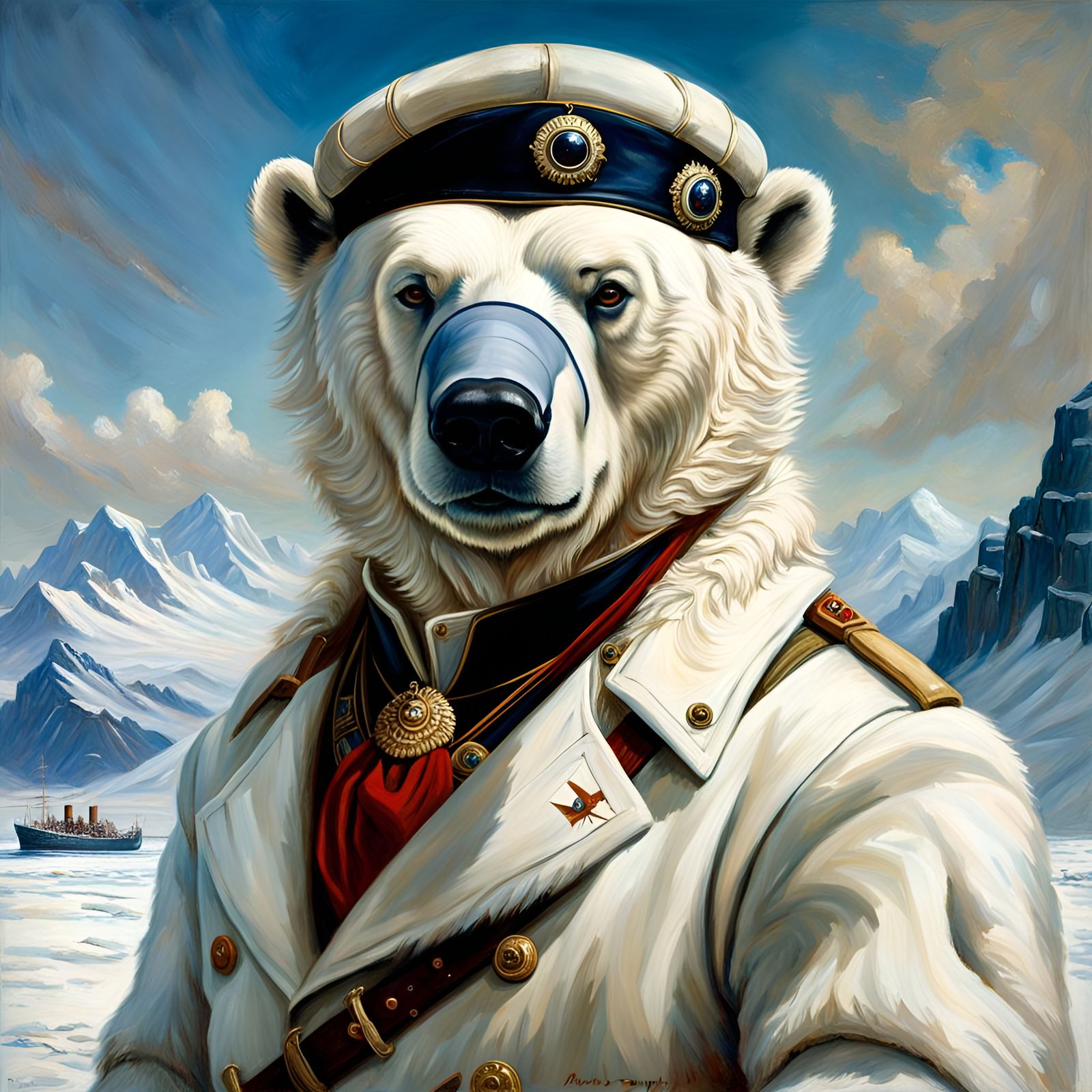 Humanoid Polar Bear in Royal Style, Oil Painting