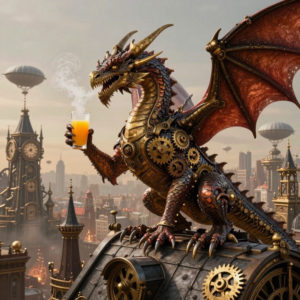 Steampunk Dragon Sips Orange Juice on Victorian Rooftop