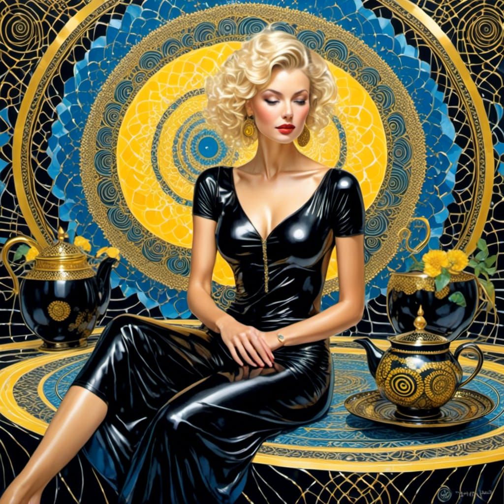 Woman in Mandala Dress on Terrace, Jerry Pinkney Style