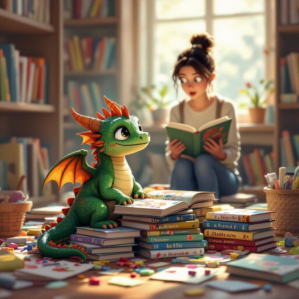 Library Dragon on Children's Books, Realistic Cartoon Style