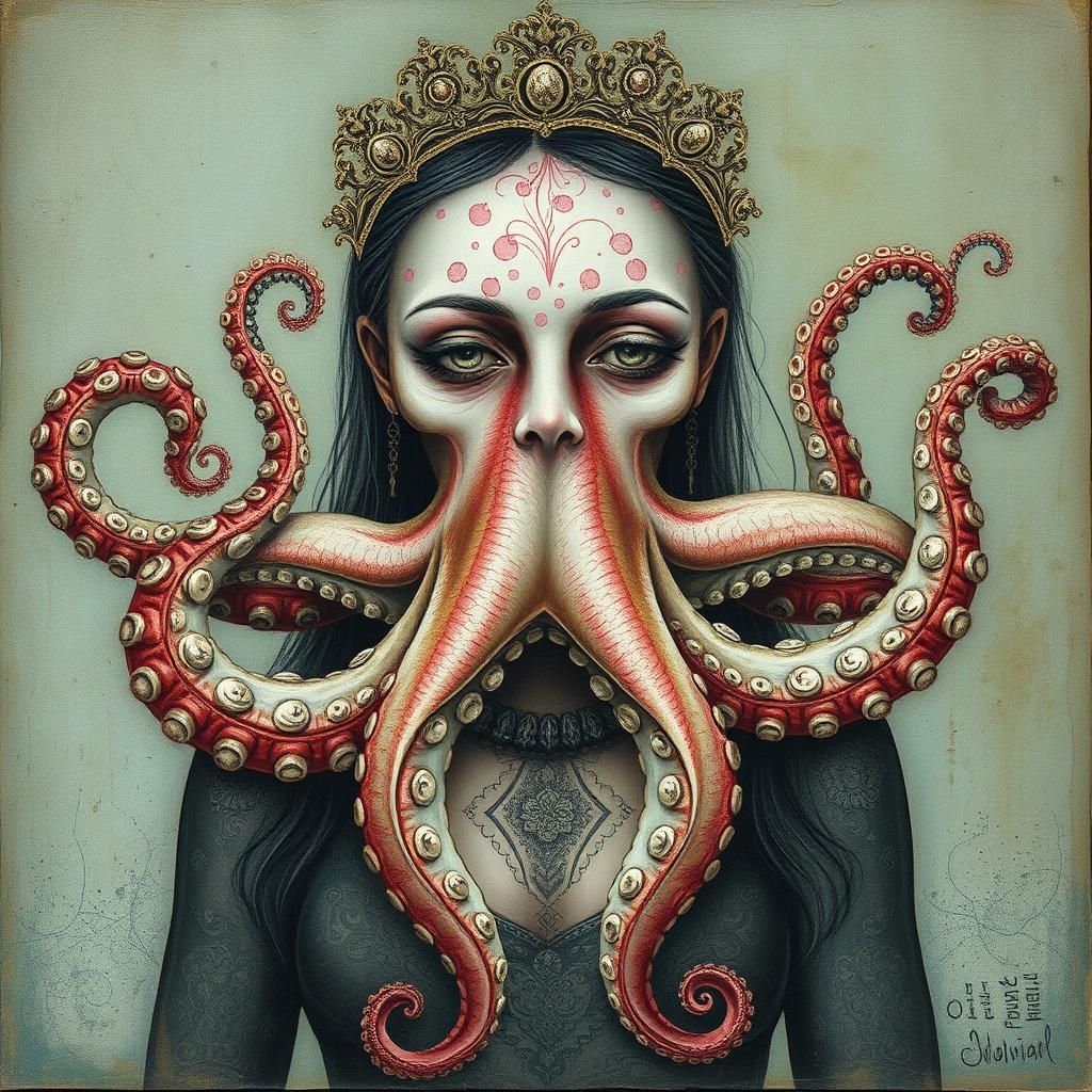 Surreal Octopus Woman Mixed Media Portrait