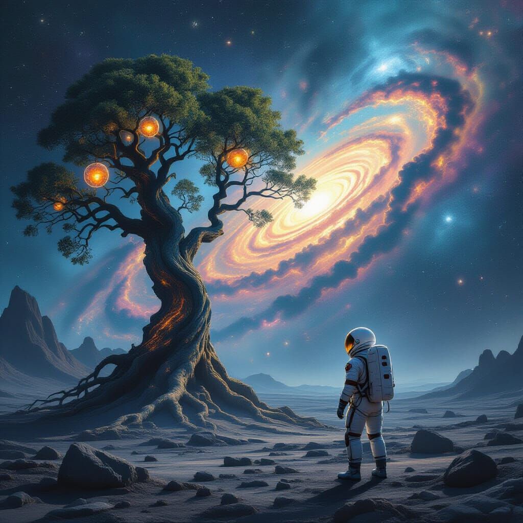 Astronaut Gazes at Cosmic Tree on Alien Planet