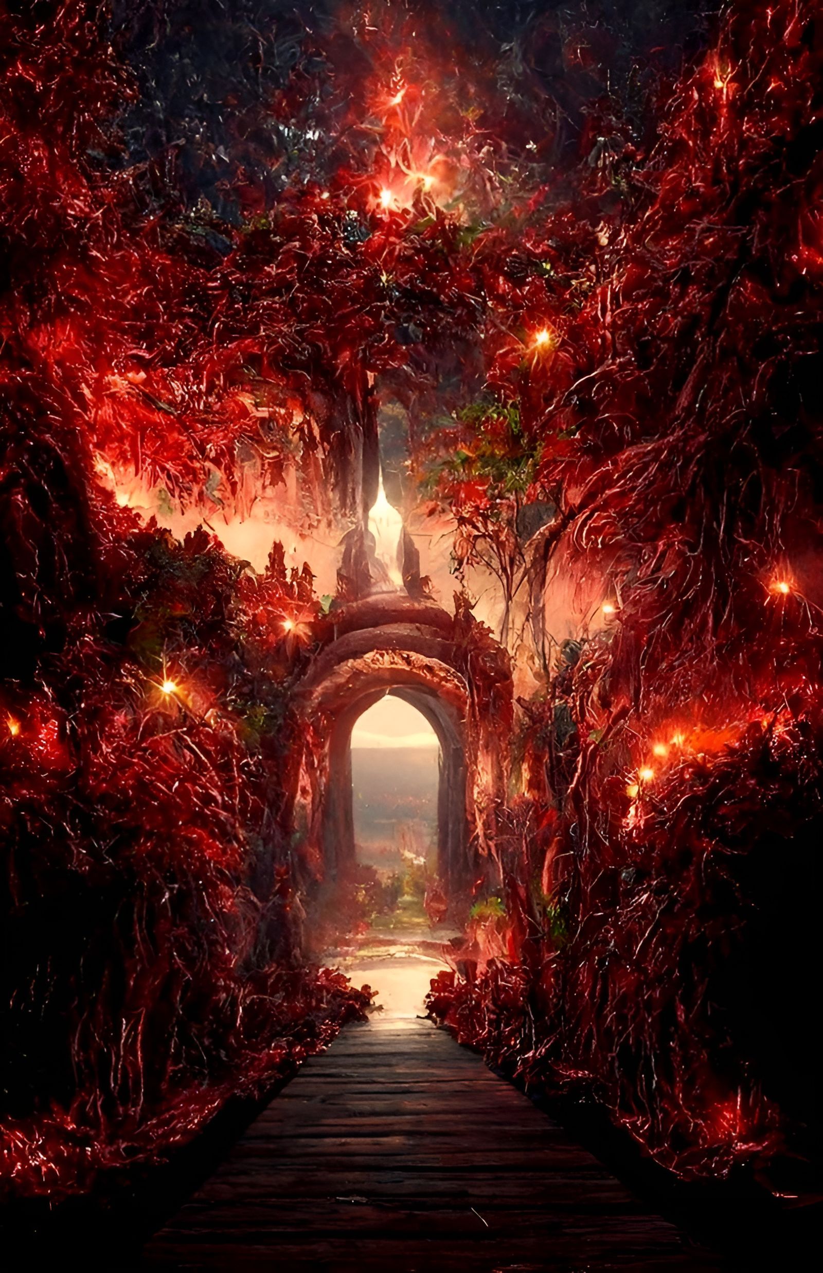 Fantasy Path Through Hell Gate in Ghibli Style