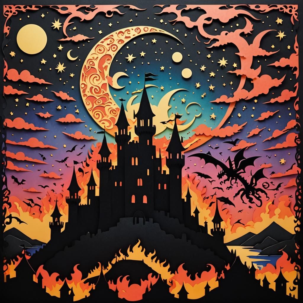 Psychedelic Kirigami Castle with Dragons