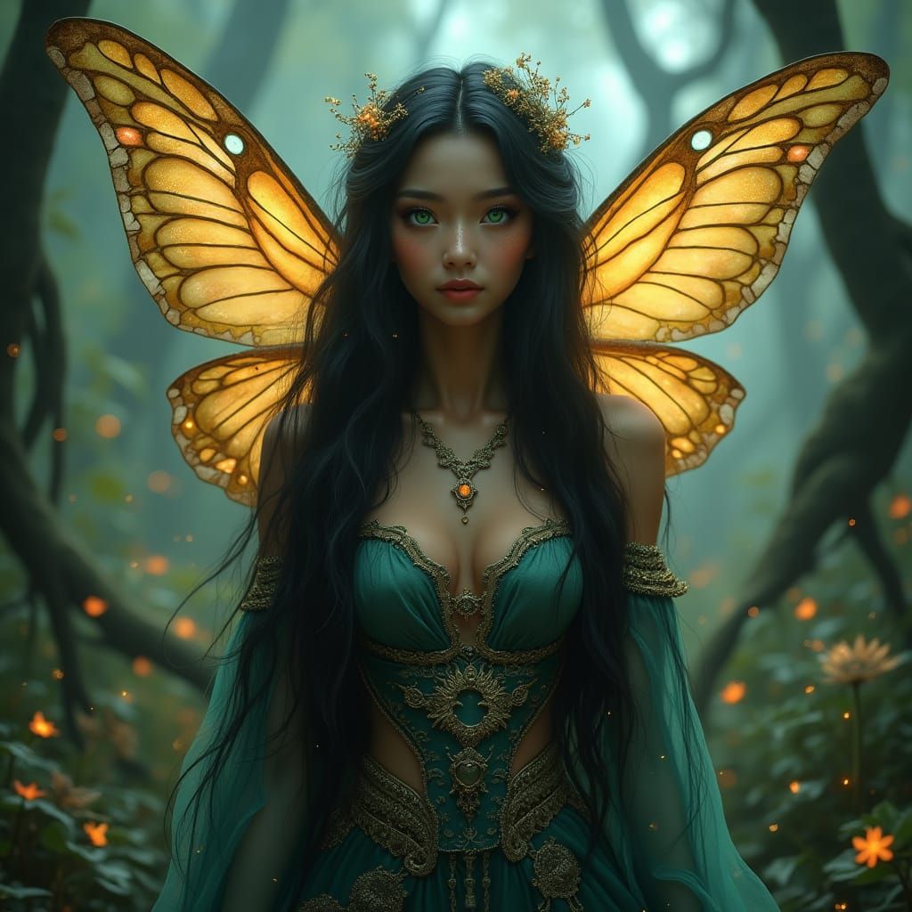 Ethereal Fairy in Mystical Forest with Shimmering Wings