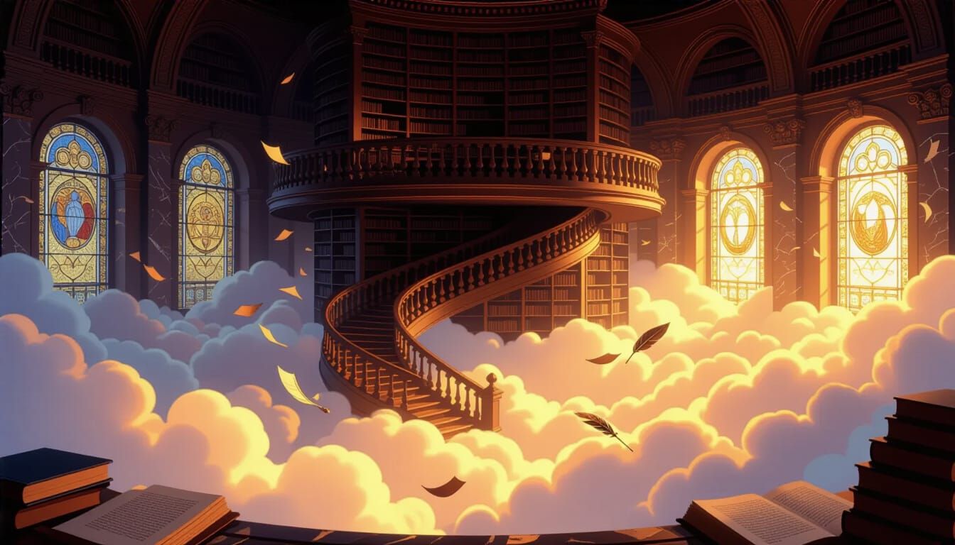 Magical Cloud Library with Glowing Clouds and Enchanted Quil...