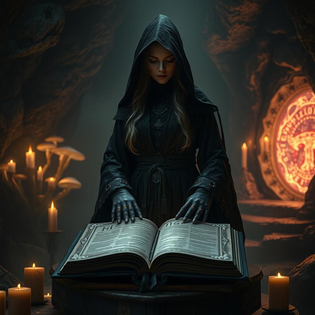 Mysterious Witch in Cave with Book of Magic