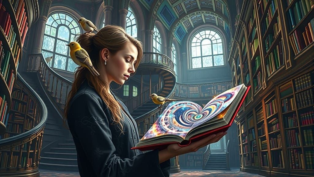 Surreal Library with Impossible Architecture and Glowing Boo...