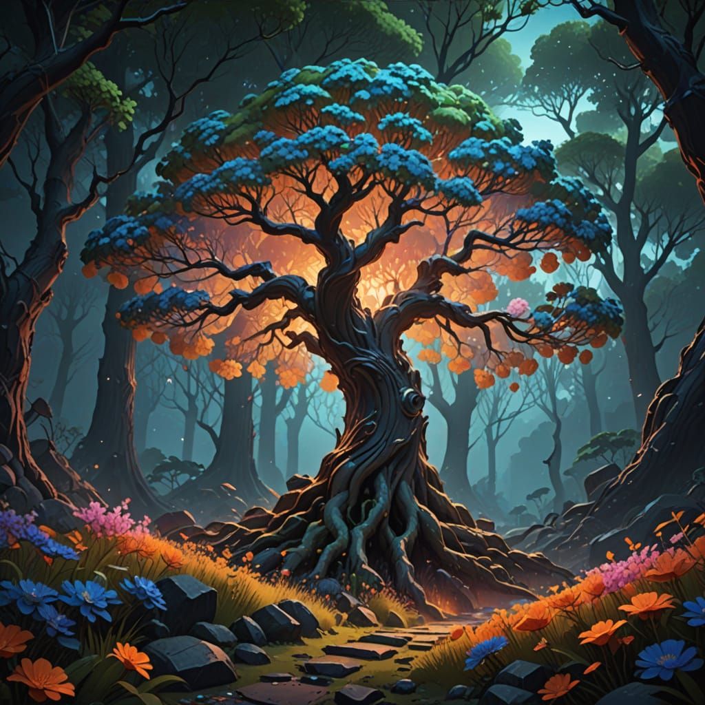 Mystical Tree in Vibrant Forest, Inspired by Pop Art