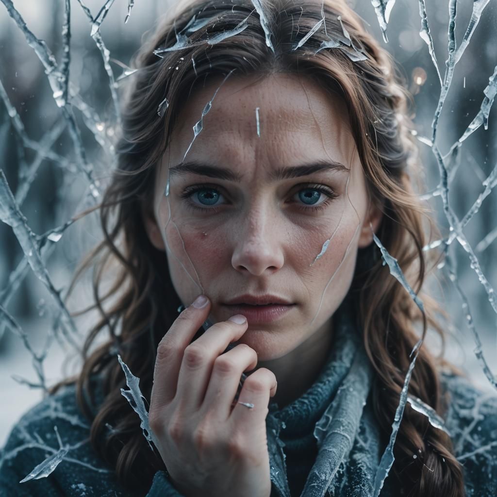 Woman's Face Touching Frozen Window in Cinematic Style