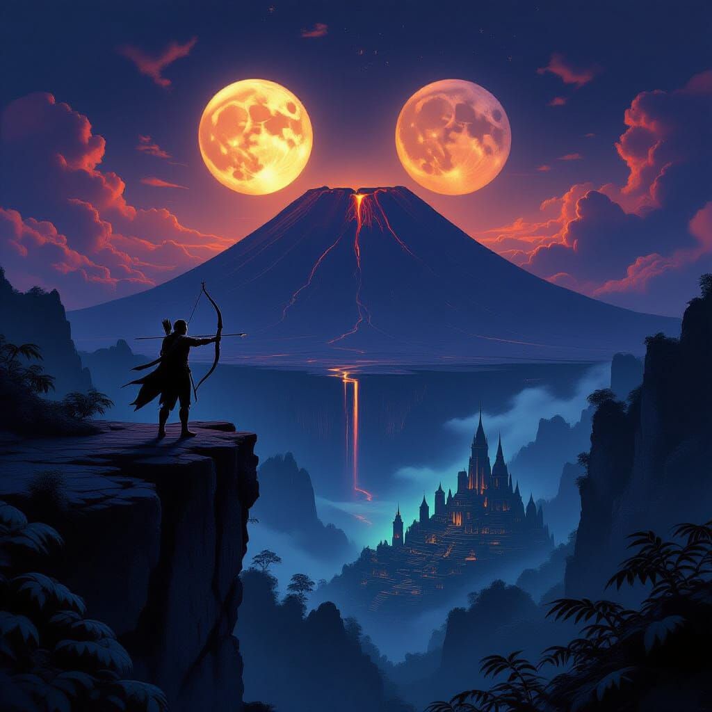 Archer on Volcanic Edge Under Twin Moons