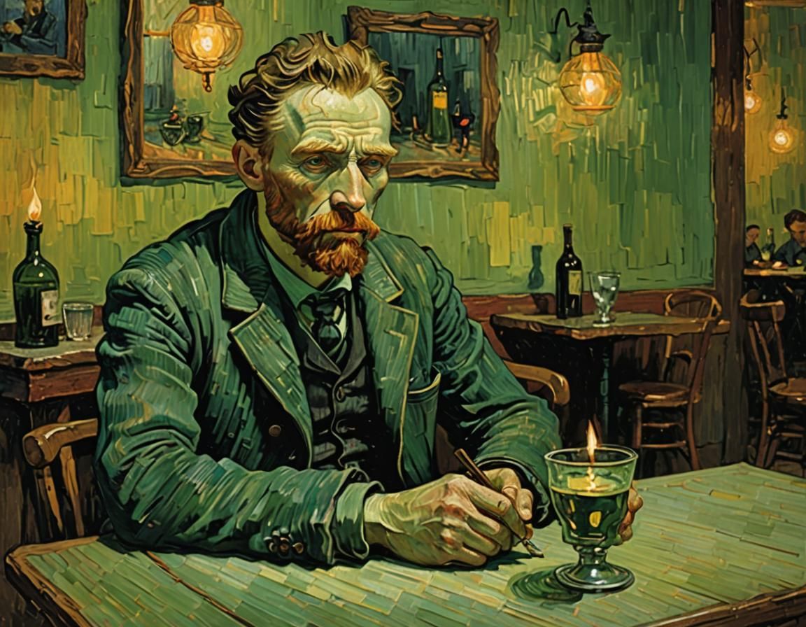 Van Gogh Contemplating Absinthe in Post-Impressionist Style