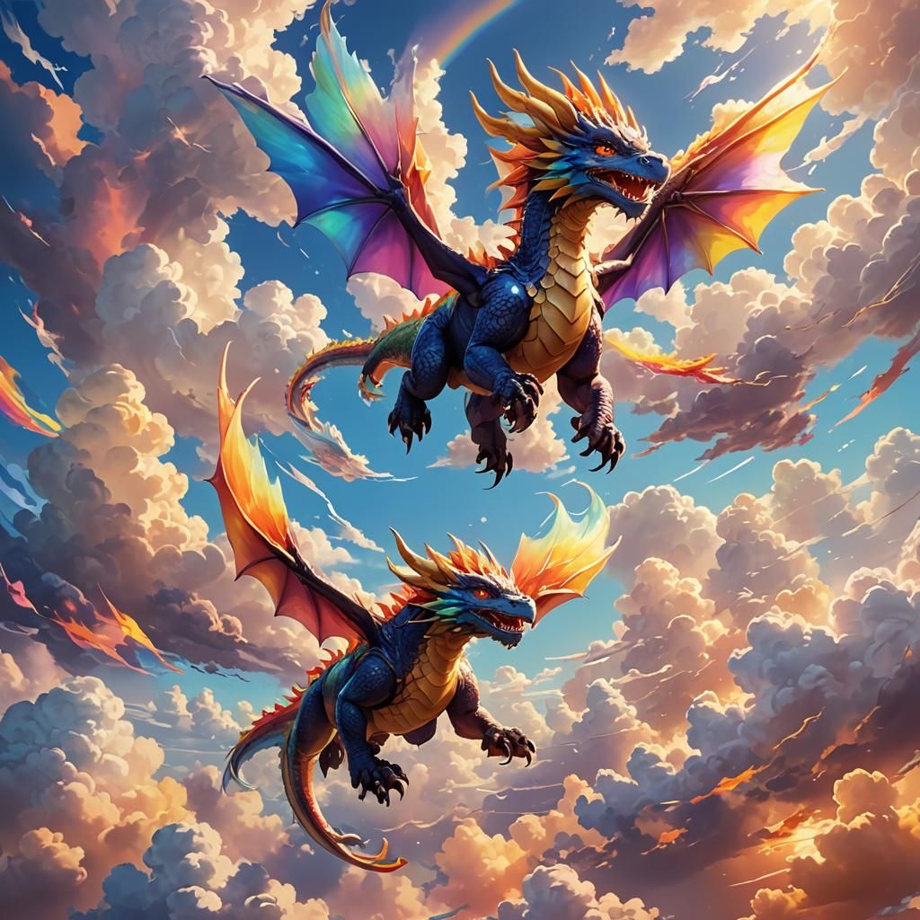 Cute Dragon Flying in Vibrant Anime Sky