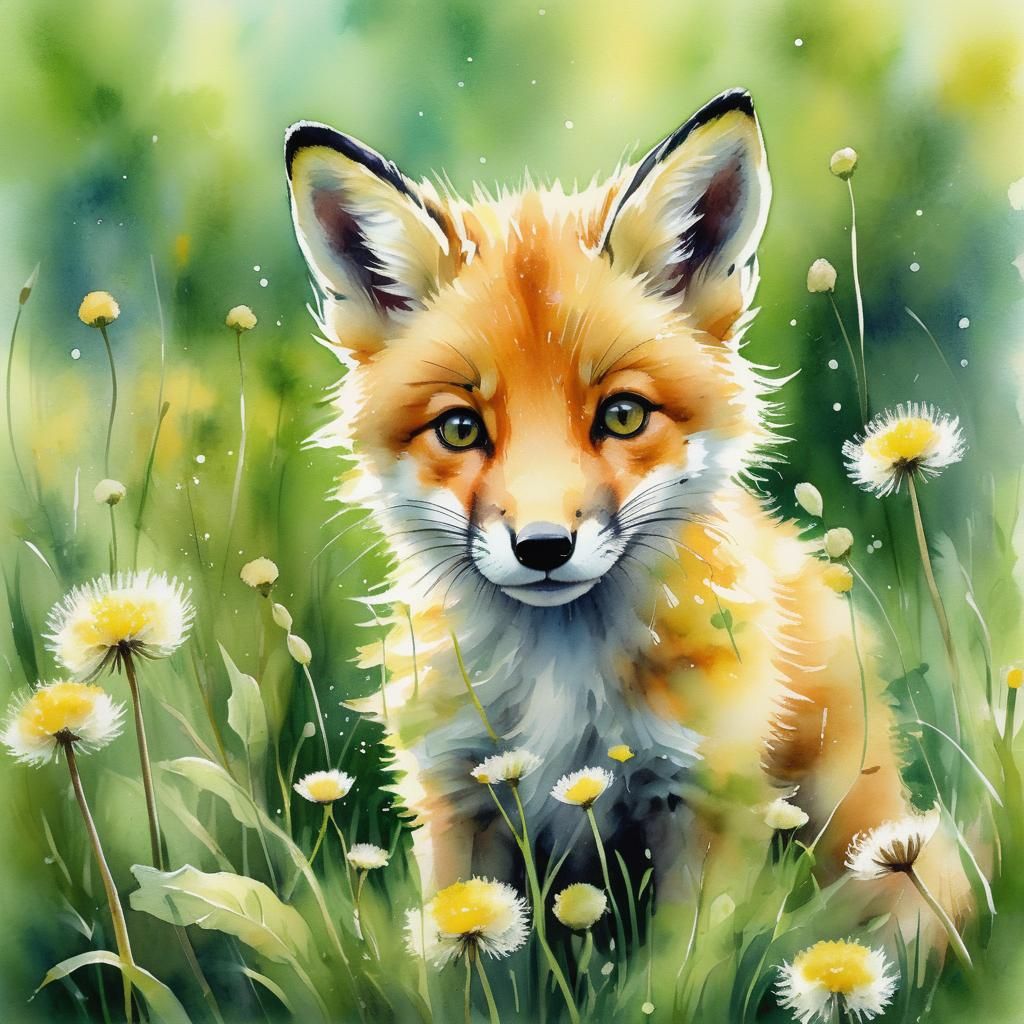 Fox Pup Sniffing Dandelions: Watercolor Portrait