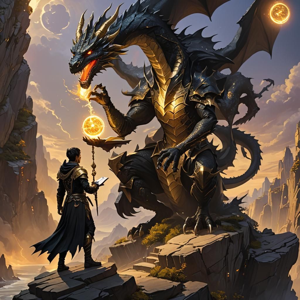 Black Star Dragon and Mage in Epic Fantasy Scene