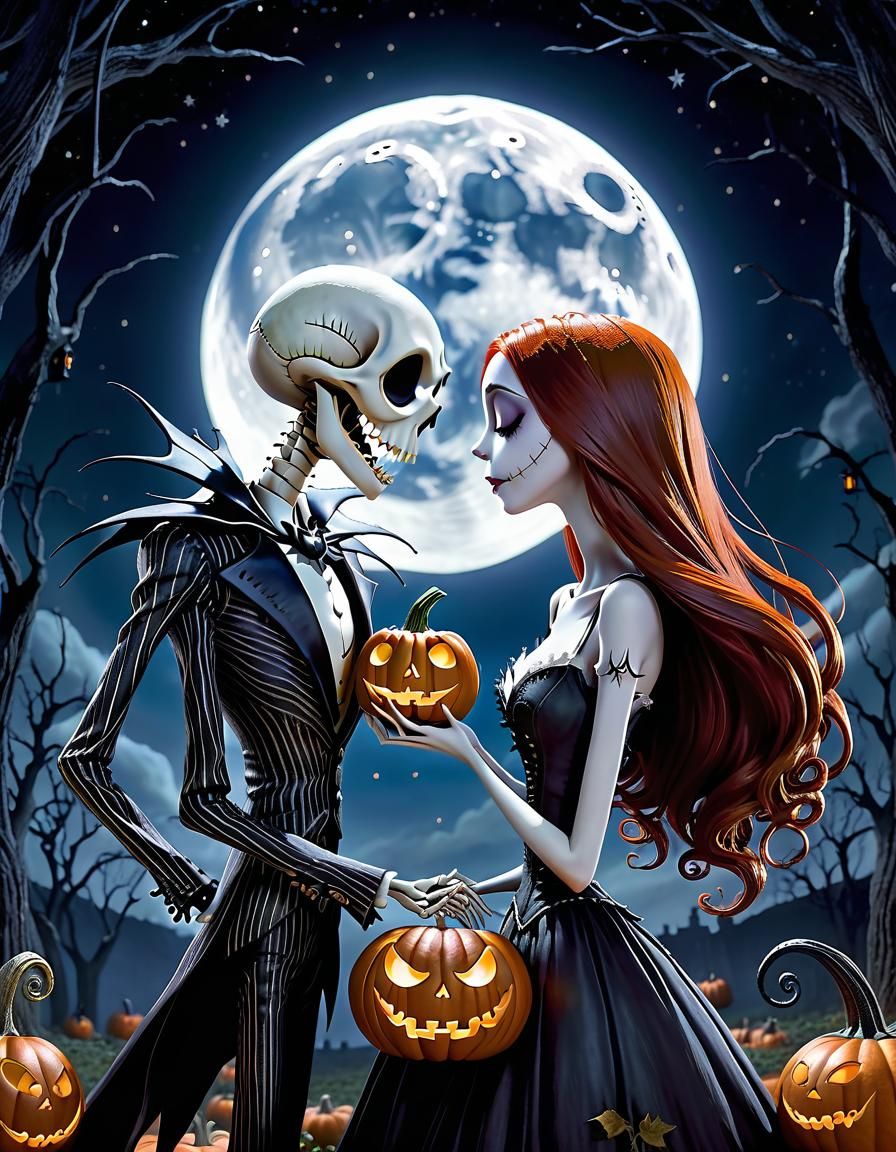 Jack and Sally: Gothic Forehead Touch Under Pumpkin Moon