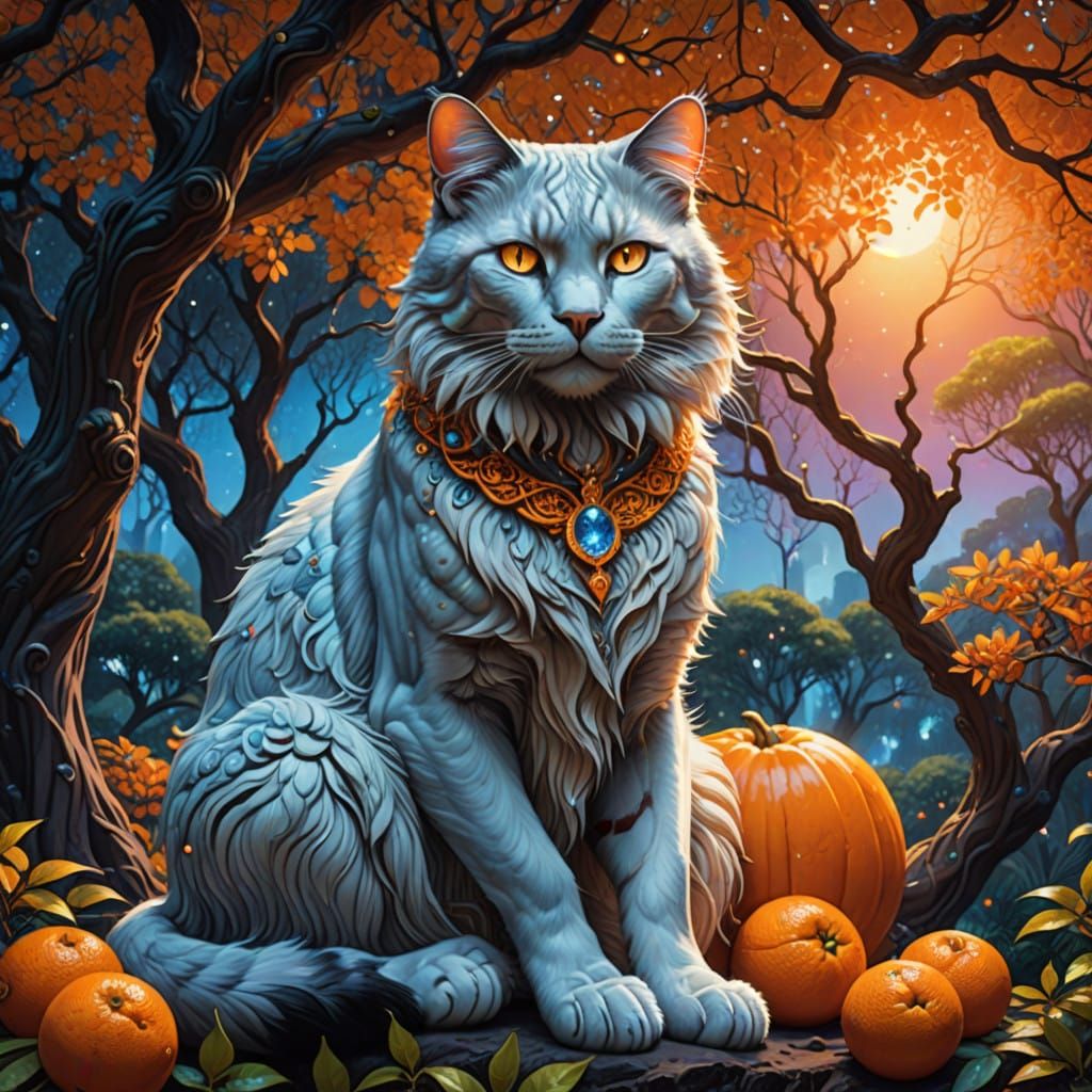 Beautiful young white-skinned, beardless Pleiadian man with very long plaided black hair sitting under an orange tree, w...