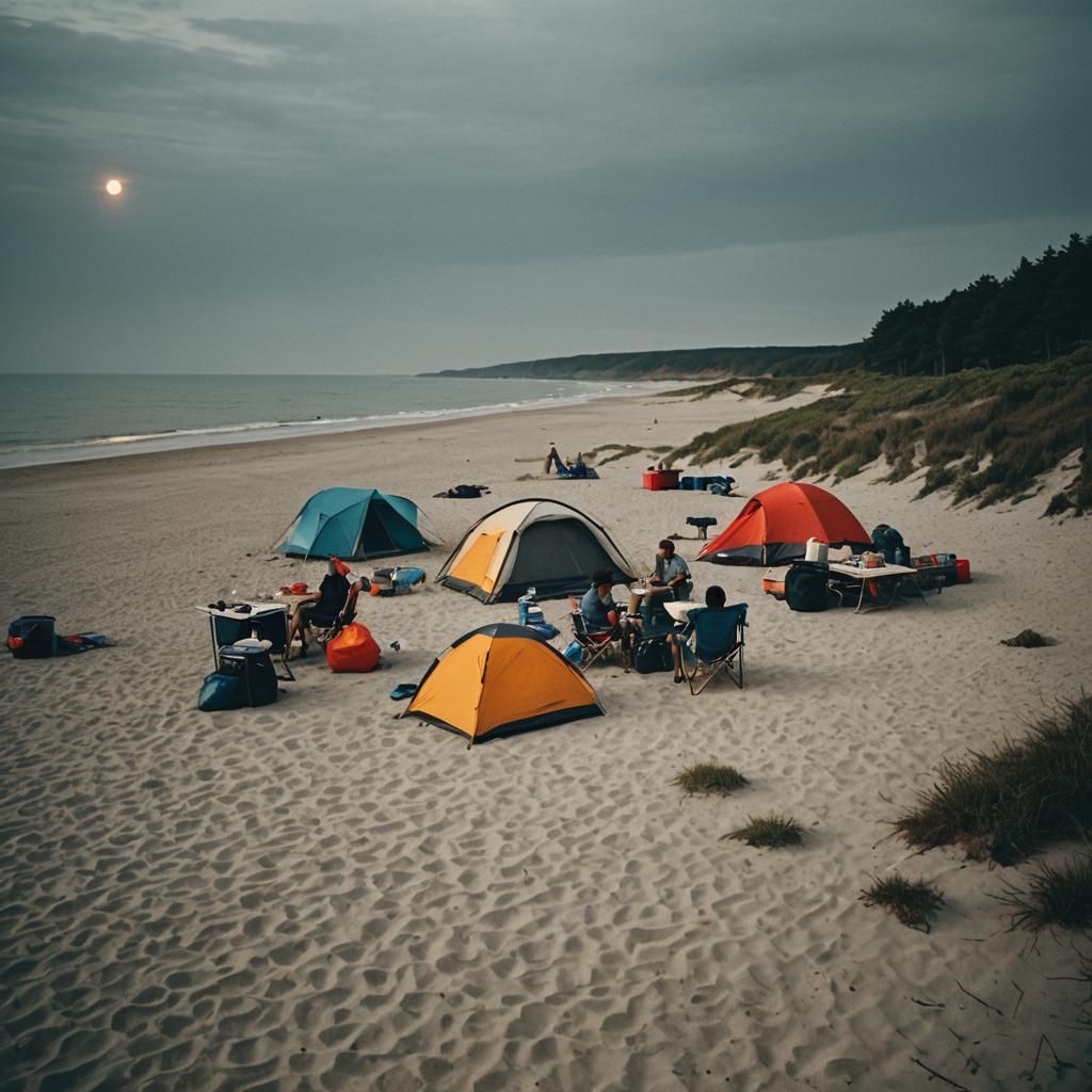 Scenic Beach Camping: Cinematic Film Still