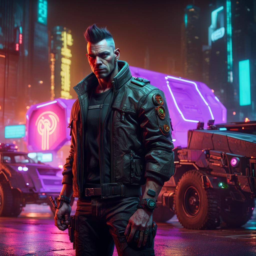 Cyberpunk Ork Rigger Portrait with Futuristic Truck