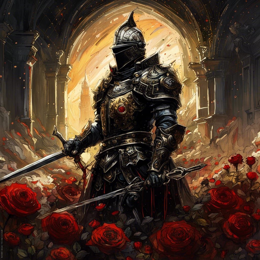 Gothic Black Knight Templar in Blood Rose Field