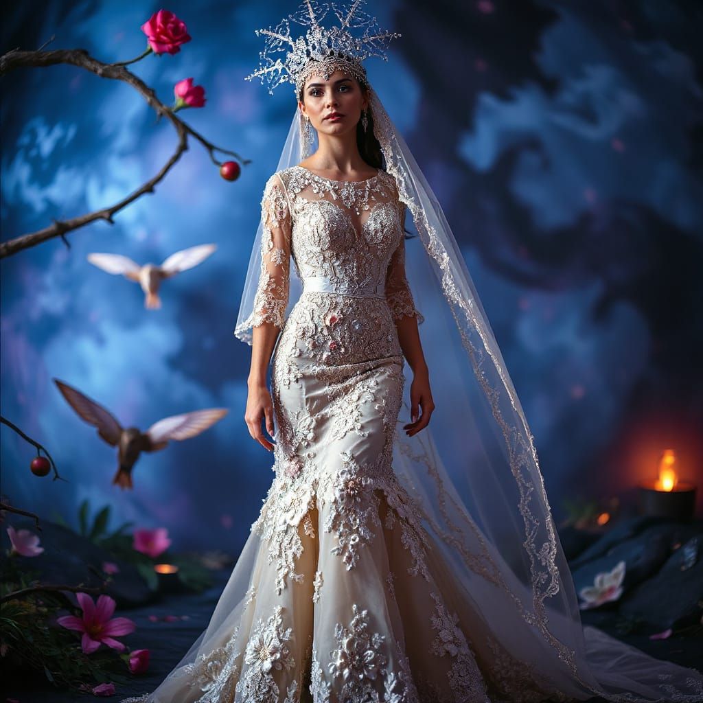 Fantastical Bride in Elaborate Gown, Comic-Book Aesthetic